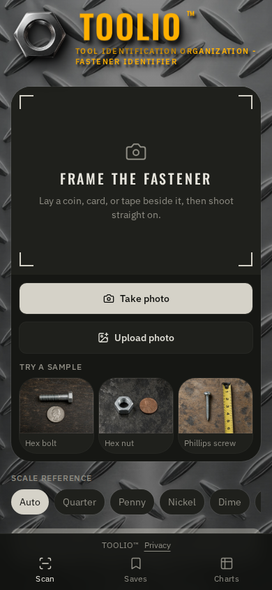 Screenshot of the TOOLIO app home: Identify, Samples, Charts