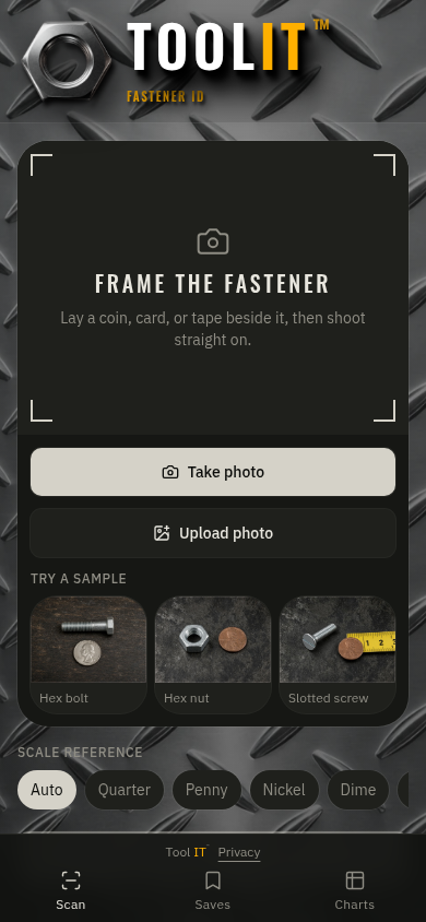Screenshot of the Tool IT™ app home: Identify, Samples, Charts